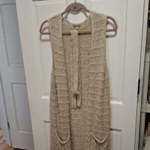 Democracy Cream Gold Knit Open-Front Sleeveless Cardigan Duster W/ Self Tie Belt